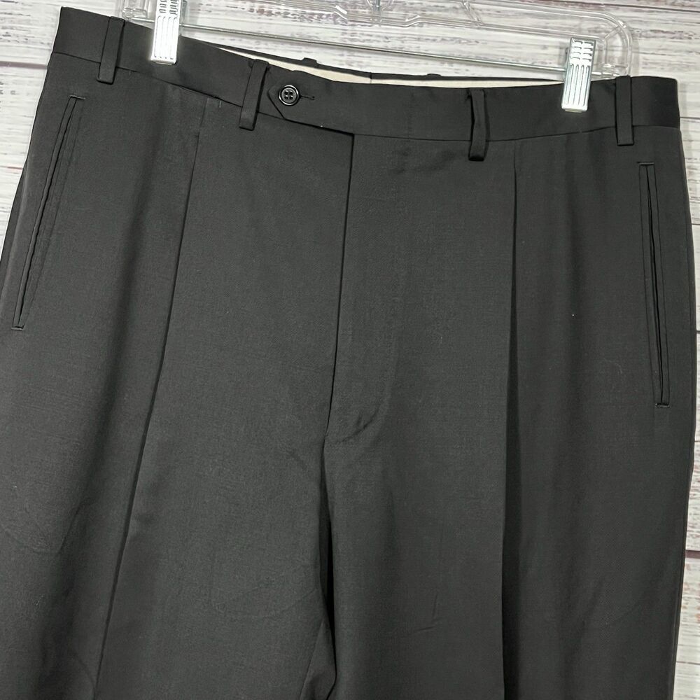 Canali Mens Wool Dress Pants Slacks Trousers 33x30 Pleated Cuffed Tessuto Black